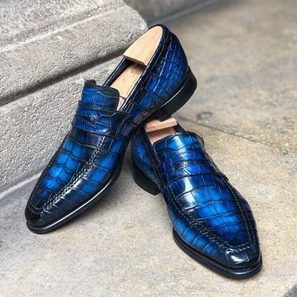 Blue Alligator Texture Patent Leather Penny Loafer Fashion Shoes