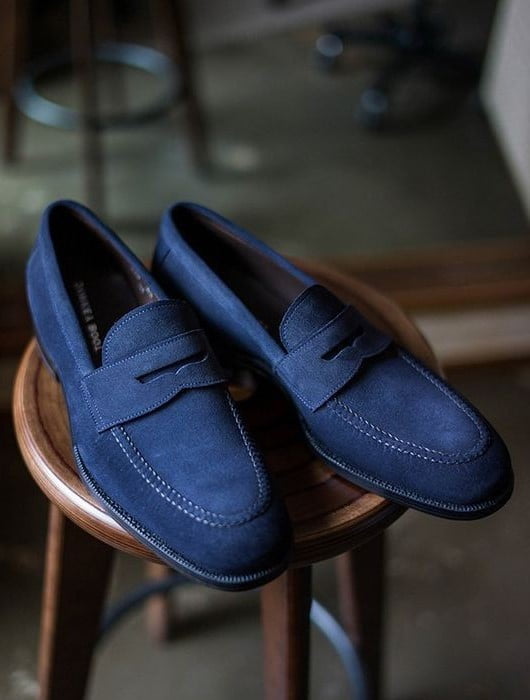 Blue Suede Leather Penny Loafer Slip on Casual Shoes for Men