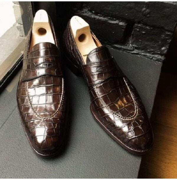 Brown Alligator Texture Patent Leather Penny Loafer Dress Shoes
