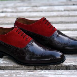 Black Leather Red Suede Wingtip Mens Fashion Shoes