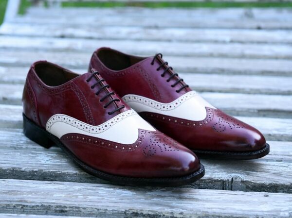 Oxford White and Burgundy Wingtip Shoes for Men Brogue Shoes
