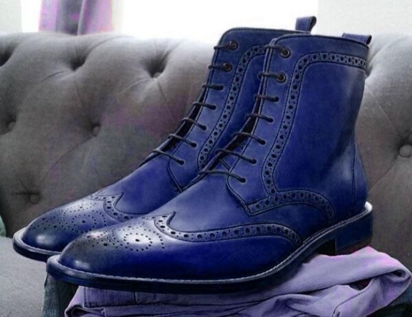 Navy Wingtip Leather Boots for Men Brogue Toe Leather Boots