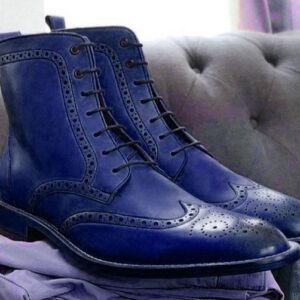 Navy Wingtip Leather Boots
