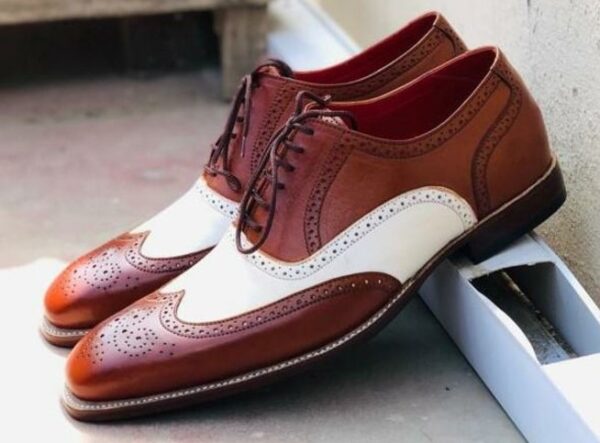 Oxford Mens White and Brown Leather Brogue Toe Fashion Shoes