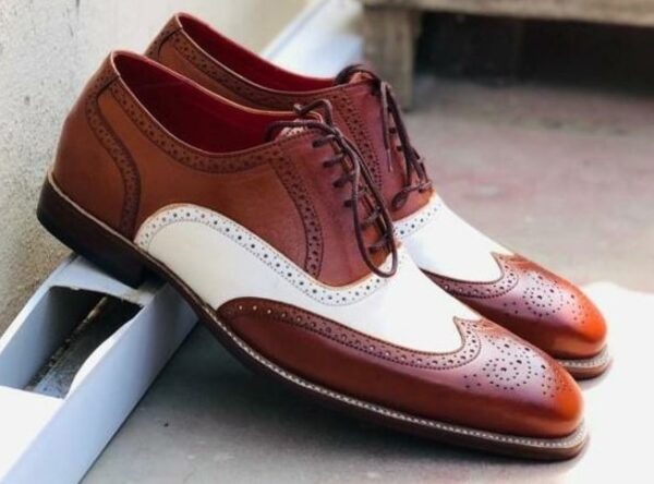 Oxford Mens White and Brown Leather Brogue Toe Shoes