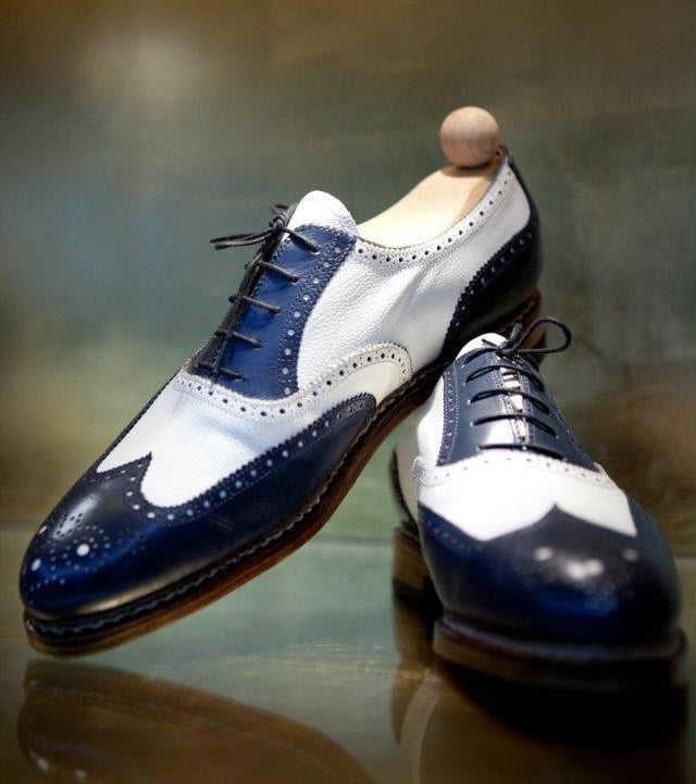 Oxford White and Blue Leather Wingtip Brogue Shoes for Men