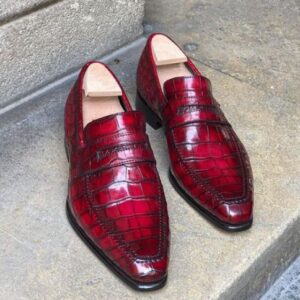 Red Alligator Texture Patent Leather Penny Loafer Fashion Shoes