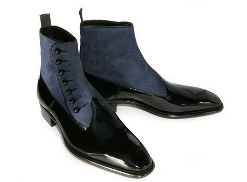 Stylish Gray and Black Button Boots for Men Leather Ankle Boots