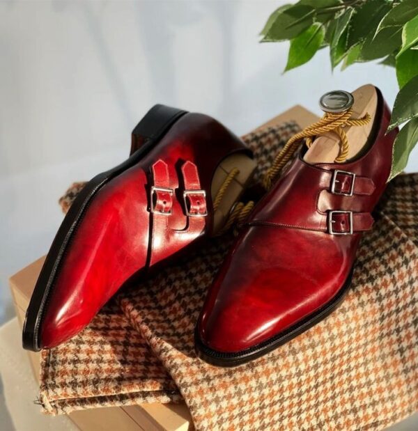 Stylish Men Burgundy Red Leather Double Monk Fashion Shoes