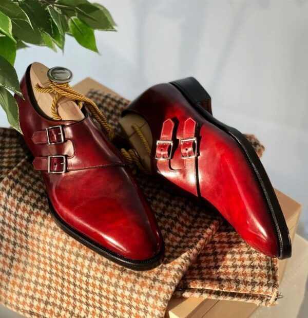 Stylish Burgundy Red Double Monk Shoes for Men Wedding Shoes