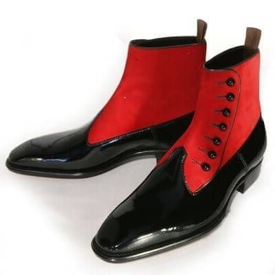 Stylish Red and Black Leather Button Boots Men Fashion Ankle Boots