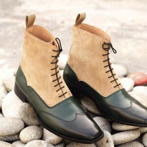 Western High Ankle Leather Beige Suede Green Boots for Men