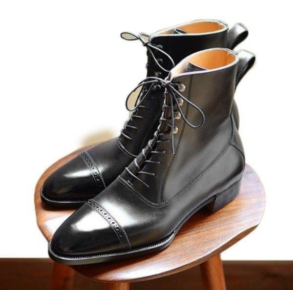Black Leather Ankle Boots for Men Cap Toe Dress Boots