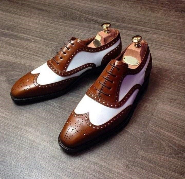 Oxford White and Brown Leather Wingtip Brogue Shoes for Men