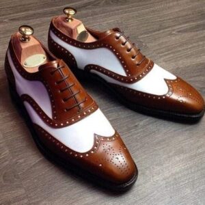 Oxford White and Brown Leather Wingtip Brogue Shoes for Men