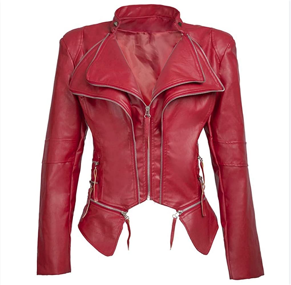 Women Punk Faux Leather PU Red Jacket Streetwear Motorcycle Coat - THE ...