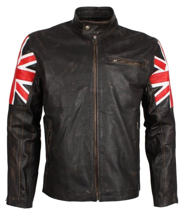 Men Brown Union Jack British Flag Distressed Leather Jacket