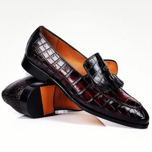 Burgundy Alligator Texture Patent Leather Tassel Loafer Shoes