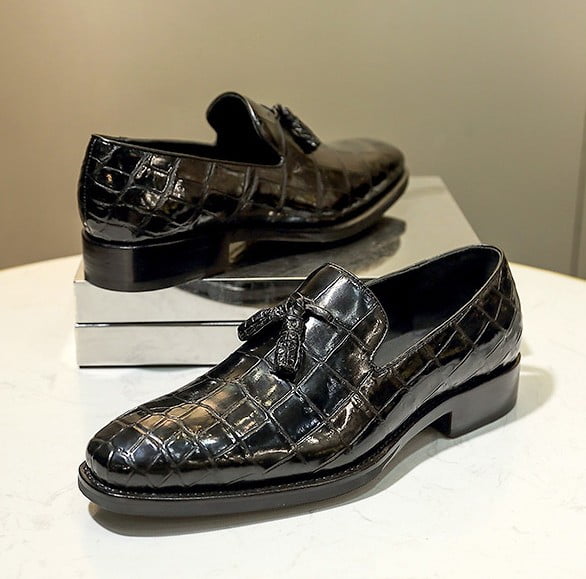 Black Alligator Texture Patent Leather Tassel Loafer Dress Shoes
