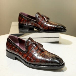 Brown Alligator Texture Patent Leather Tassel Loafer Dress Shoes