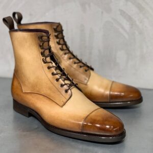 Beige Leather Burnished Toe Dress Boots for Men Cap Toe Leather Boots