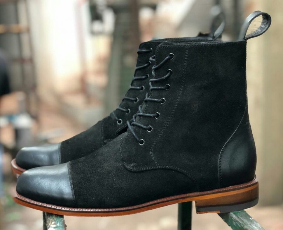 Black Dress Boots for Men Cap Toe Suede Leather Boots