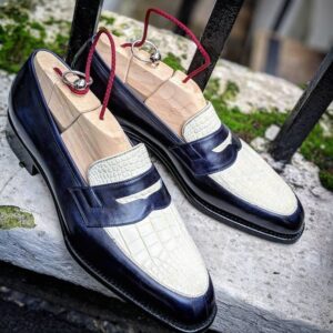 White and Blue Penny Loafer for Men Dress Shoes