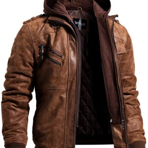 Brown Leather Hooded Jacket for Men