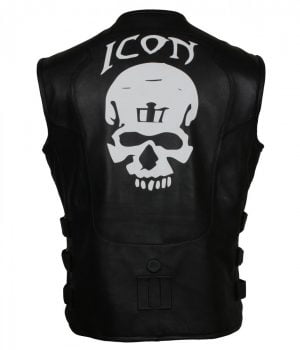 Icon Skull Vest for Men Black Motorcycle Riding Black Leather Vest