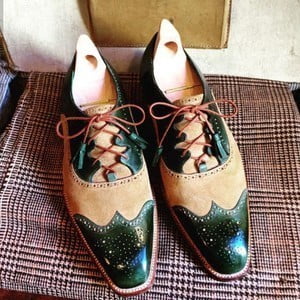 Beige Green Suede Leather Brogue Shoes for Men Wedding Shoes