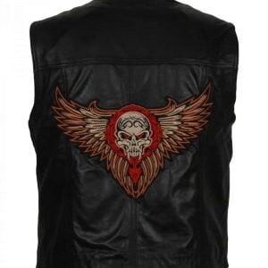 Skull Embroidered Vest for Mens Black Motorcycle Leather Vest