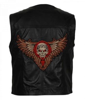 Skull Embroidered Vest for Mens Black Motorcycle Leather Vest