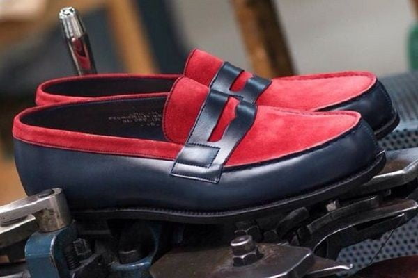 Red Suede Penny Loafer for Men Red and Blue Fashion Shoes