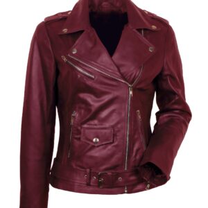 Burgundy Leather Bikers Jacket for Women