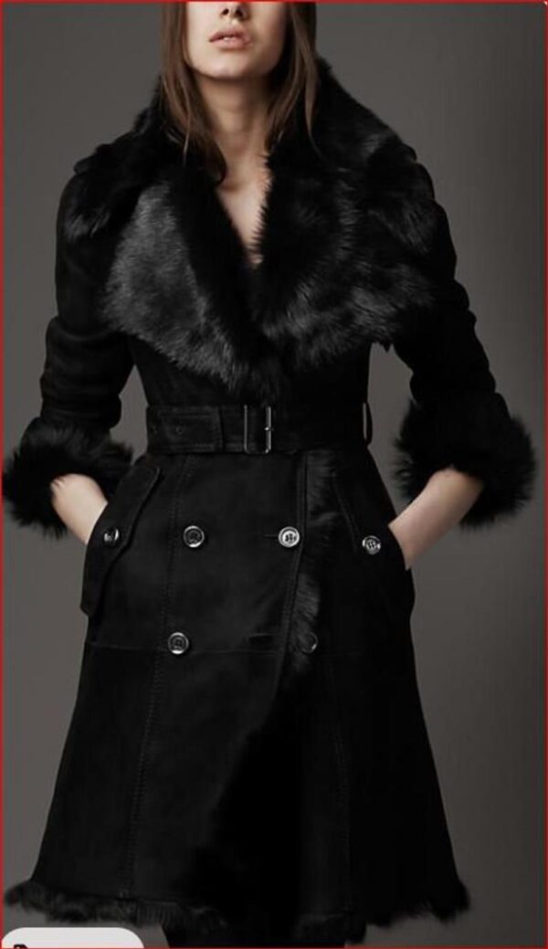 Western Black Leather Fur Coat for Women Trench Coat