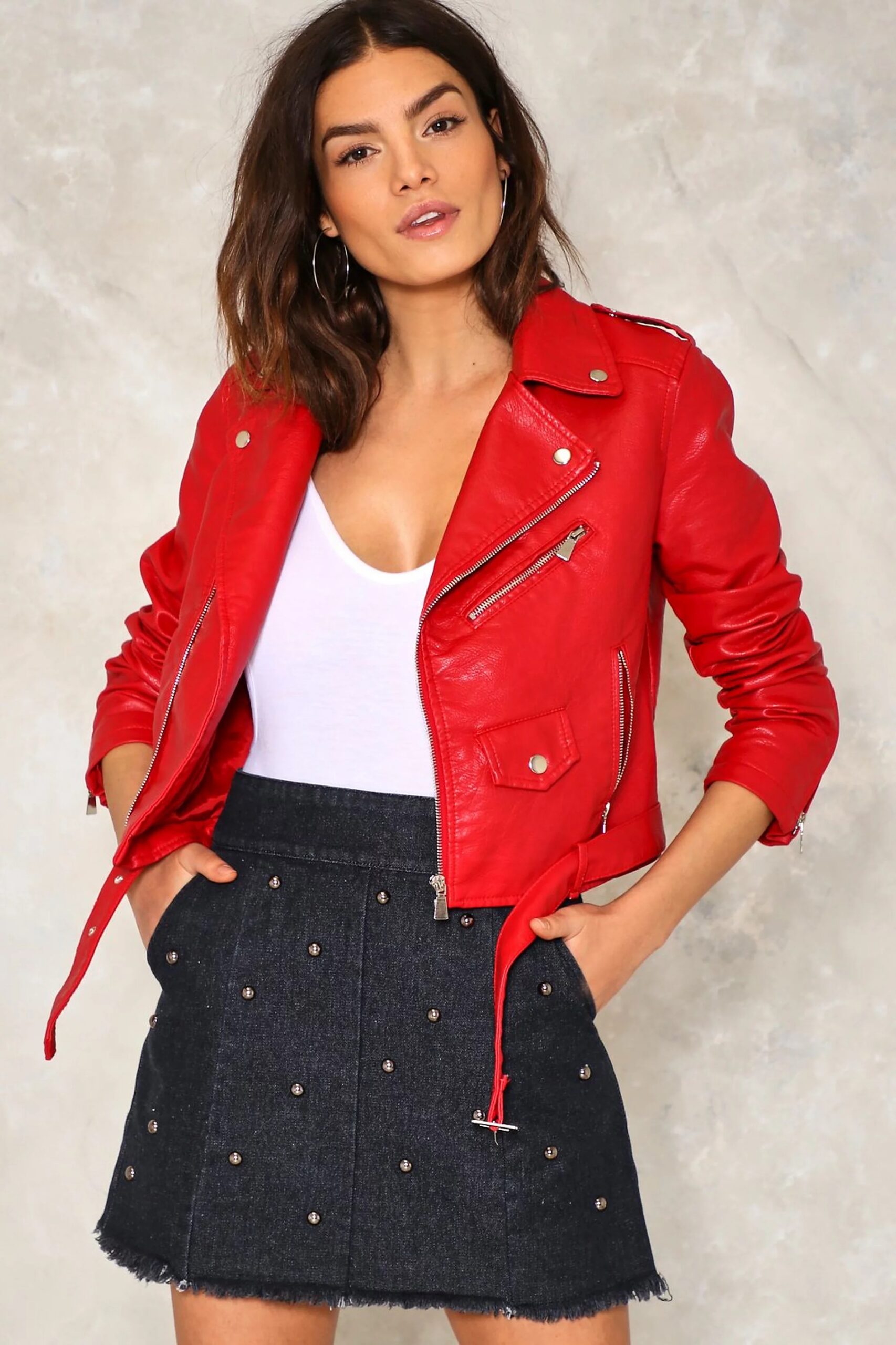 Western Fashion Red Leather Women Cropped Jacket