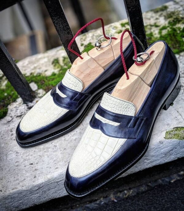 White and Blue Leather Penny Loafer Slip on Dress Shoes for Men
