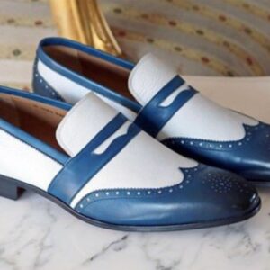 White and Blue Wingtips Penny Loafer for Men Dress Shoes