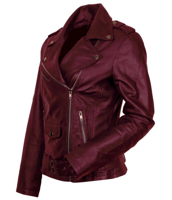 Stylish Street Fashion Burgundy Leather Bikers Jacket for Women