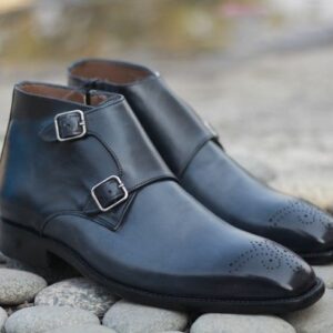 Black Leather Dress Boots for Men Double Monk Black Boots