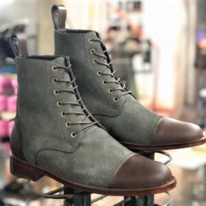 Gray Suede Brown Leather Boots for Men Cap Toe Dress Boots