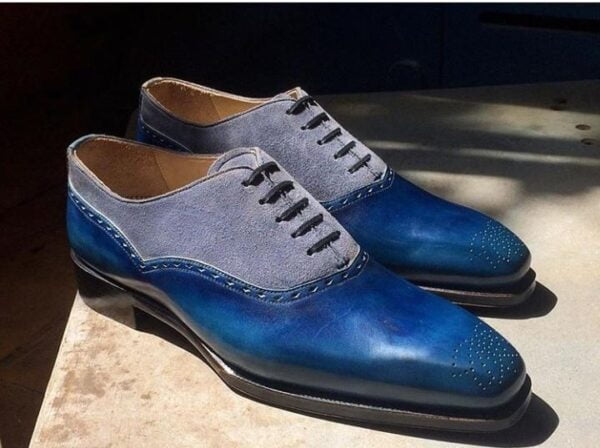 Men Navy Leather Gray Suede Brogue Toe Fashion Shoes