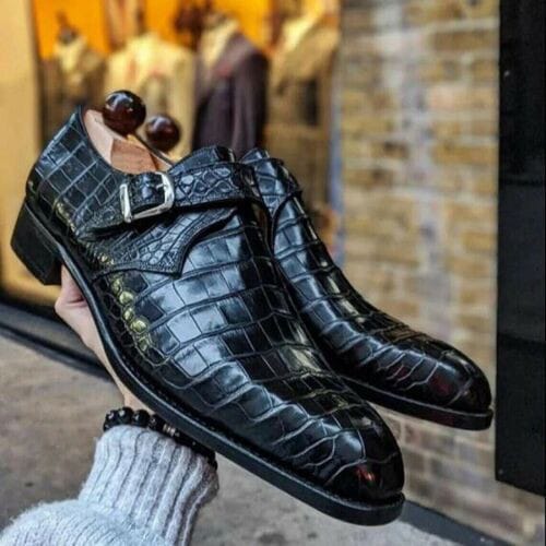 Men's Black Monk Strap Shoes Alligator Textured Dress Shoes