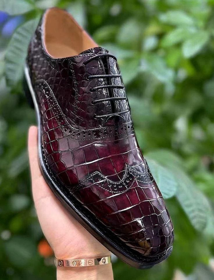 Burgundy Alligator Wingtip Shoes for Men's Dress Shoes